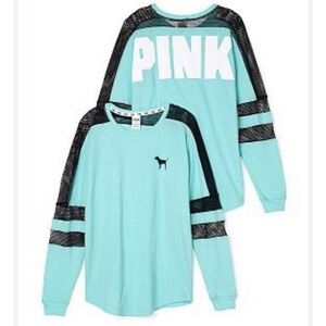 Pink Victoria's Secret Blue with‎ Black Mesh Trim Long Sleeve Top Size Small EUC